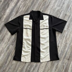 Via Europa Black Cream Bowling Shirt Rayon Medium Retro Panel